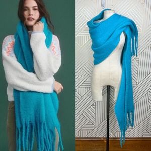 Anthropologie Bonnie Oversized Fringe Wrap Scarf in Turquoise Blue